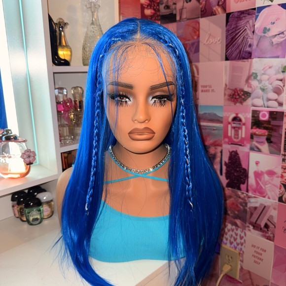 Royal Blue Lace Front Wig Middle PartRhinestone Braided Detail Long Straight